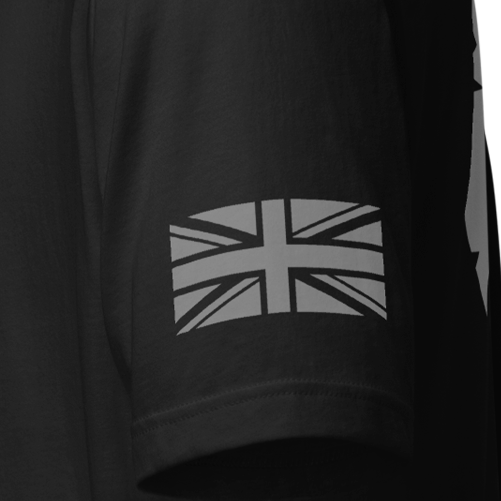 Close up of left sleeve of black Achilles Tactical Clothing Brand original cotton T-Shirt with Wolf grey union flag