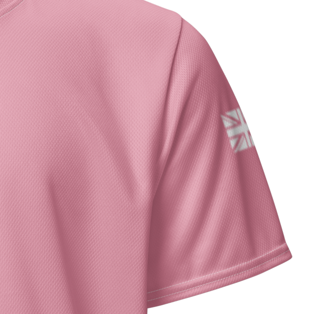 Close up of Pink Mist left sleeve unisex fit Performance Jersey by Achilles Tactical Clothing Brand