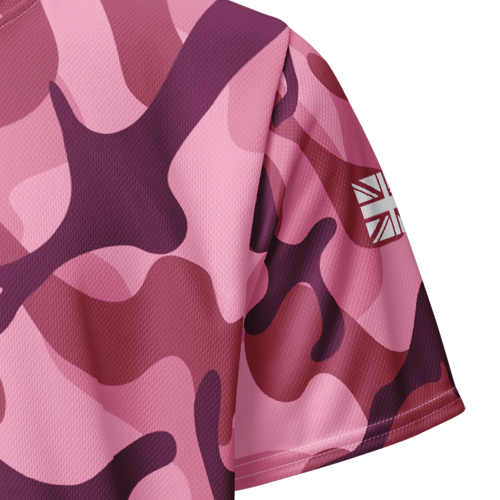 Close up of pink mist camo left sleeve unisex fit Performance Jersey by Achilles Tactical Clothing Brand