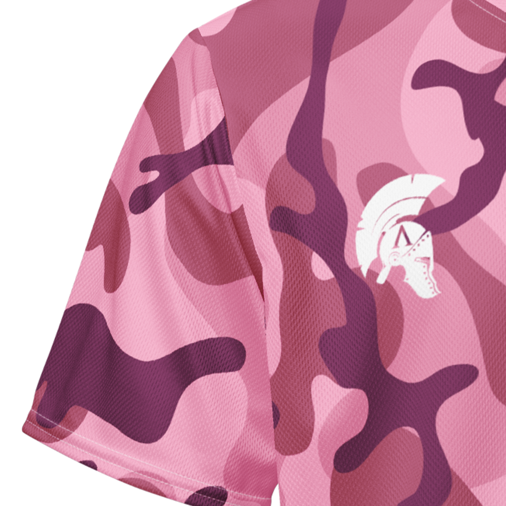 Close up of pink mist camo right sleeve unisex fit Performance Jersey by Achilles Tactical Clothing Brand