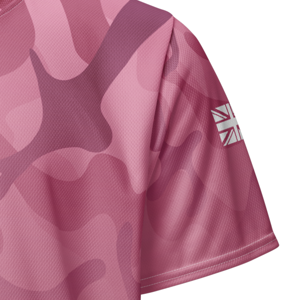 Close up of pink mist camo-fade left sleeve unisex fit Performance Jersey by Achilles Tactical Clothing Brand