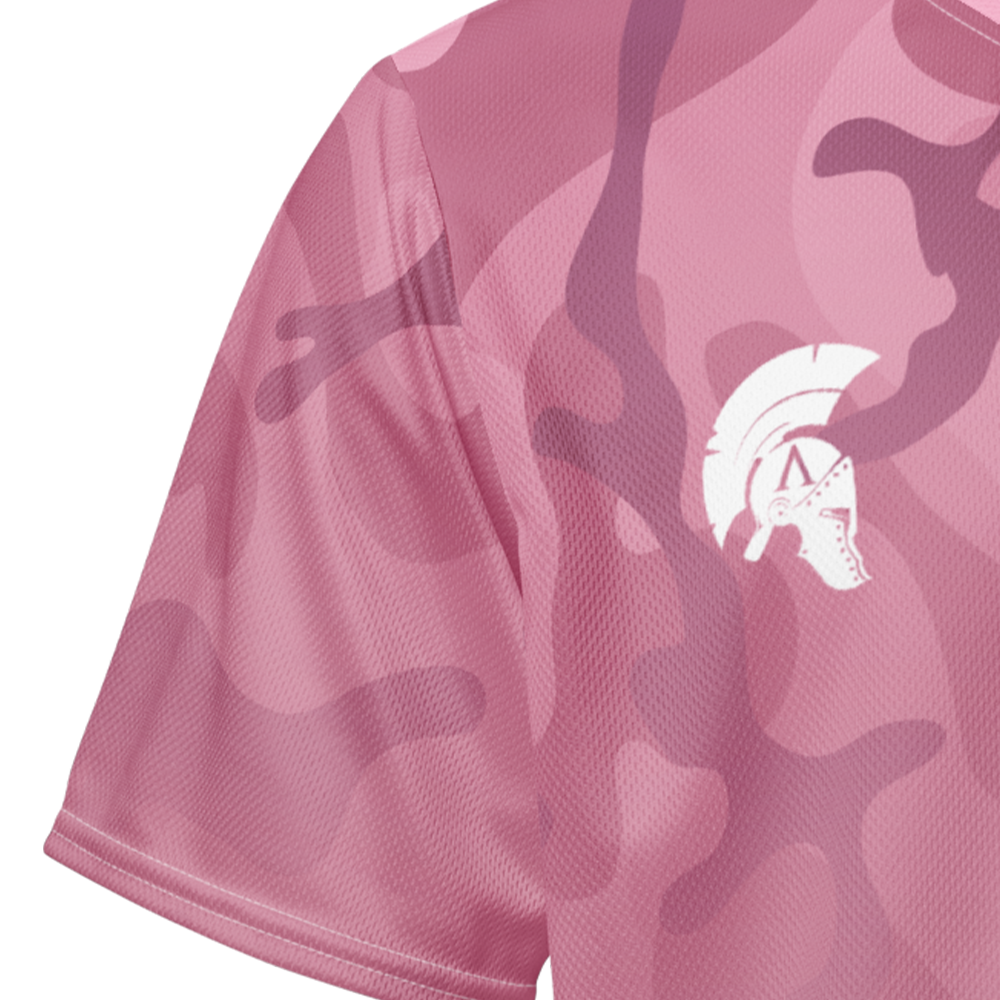 Close up of pink mist camo-fade right sleeve unisex fit Performance Jersey by Achilles Tactical Clothing Brand