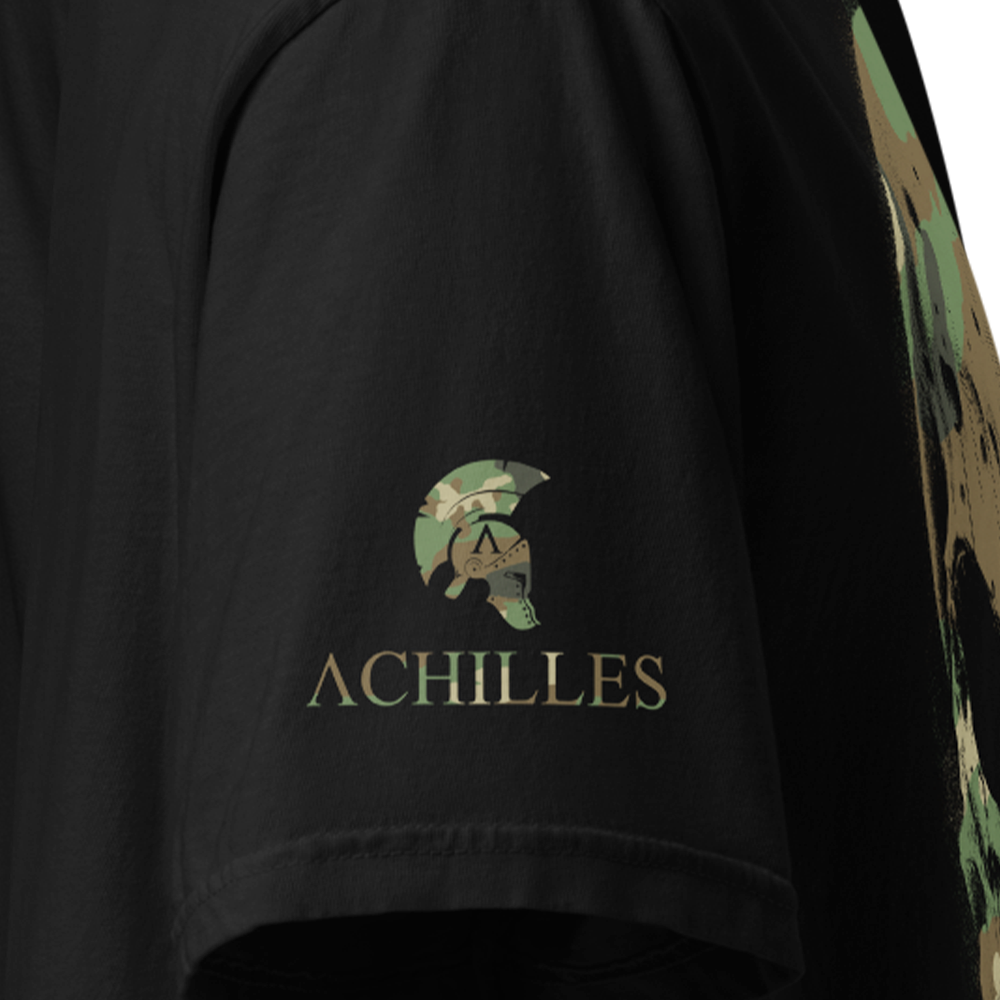 Close Up of Right sleeve of Black short sleeve classic cotton unisex fit T-Shirt by Achilles Tactical Clothing Brand DPM Camo Skull Design