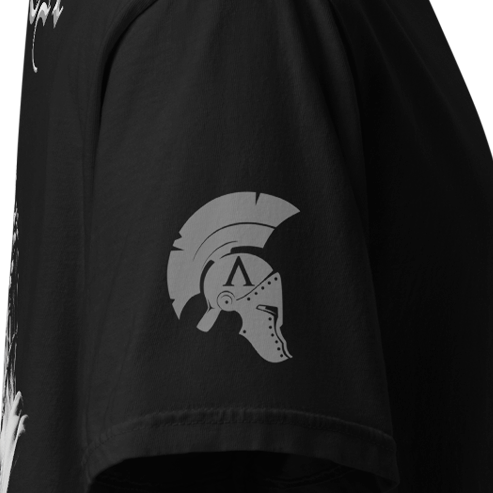 Close up of right sleeve of black Achilles Tactical Clothing Brand classic cotton T-Shirt Faith design