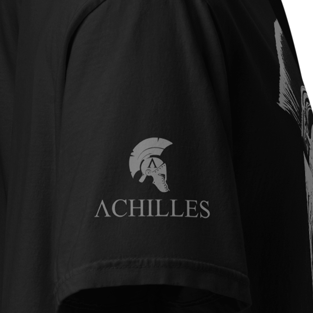 Close Up of Right sleeve of Black short sleeve classic cotton unisex fit T-Shirt by Achilles Tactical Clothing Brand with screen printed Achilles Molon Labe design