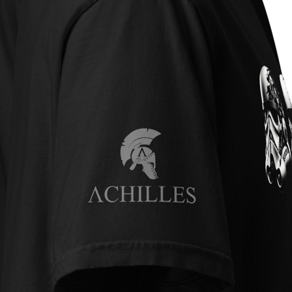 Close Up of Right sleeve of Black short sleeve classic cotton unisex fit T-Shirt by Achilles Tactical Clothing Brand with screen printed Achilles Stormtroopers design