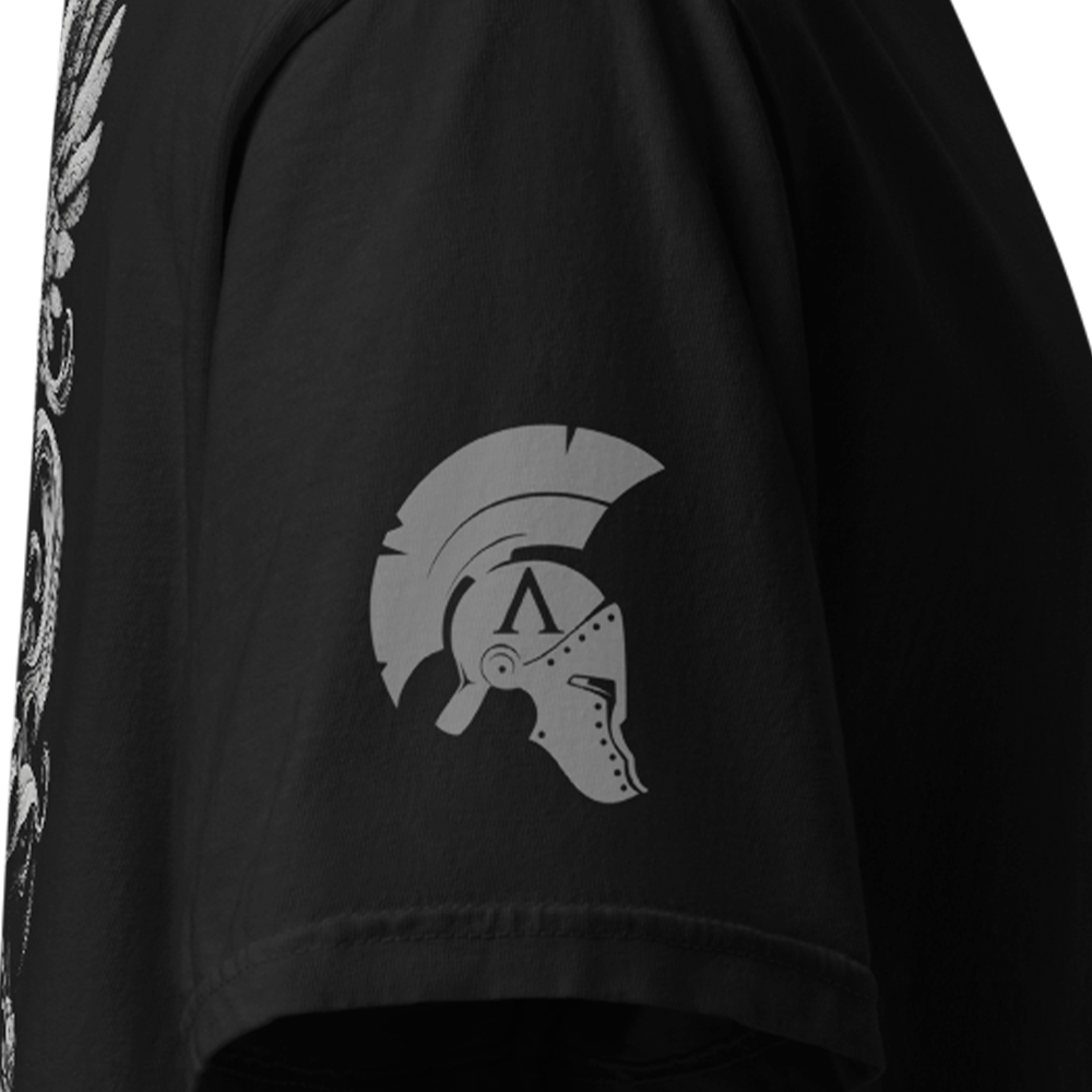 Close up of right sleeve of black Achilles Tactical Clothing Brand classic cotton T-Shirt Archangel design