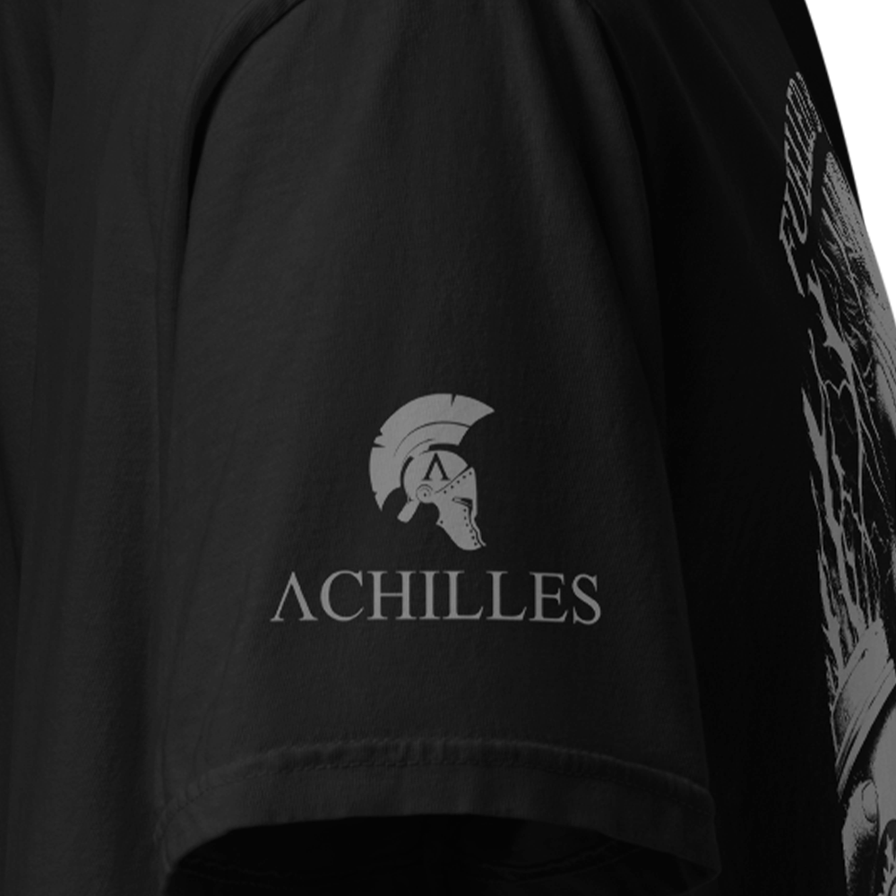 Close Up of Right sleeve of Black short sleeve classic cotton unisex fit T-Shirt by Achilles Tactical Clothing Brand with screen printed Achilles Caffeine and Rage design
