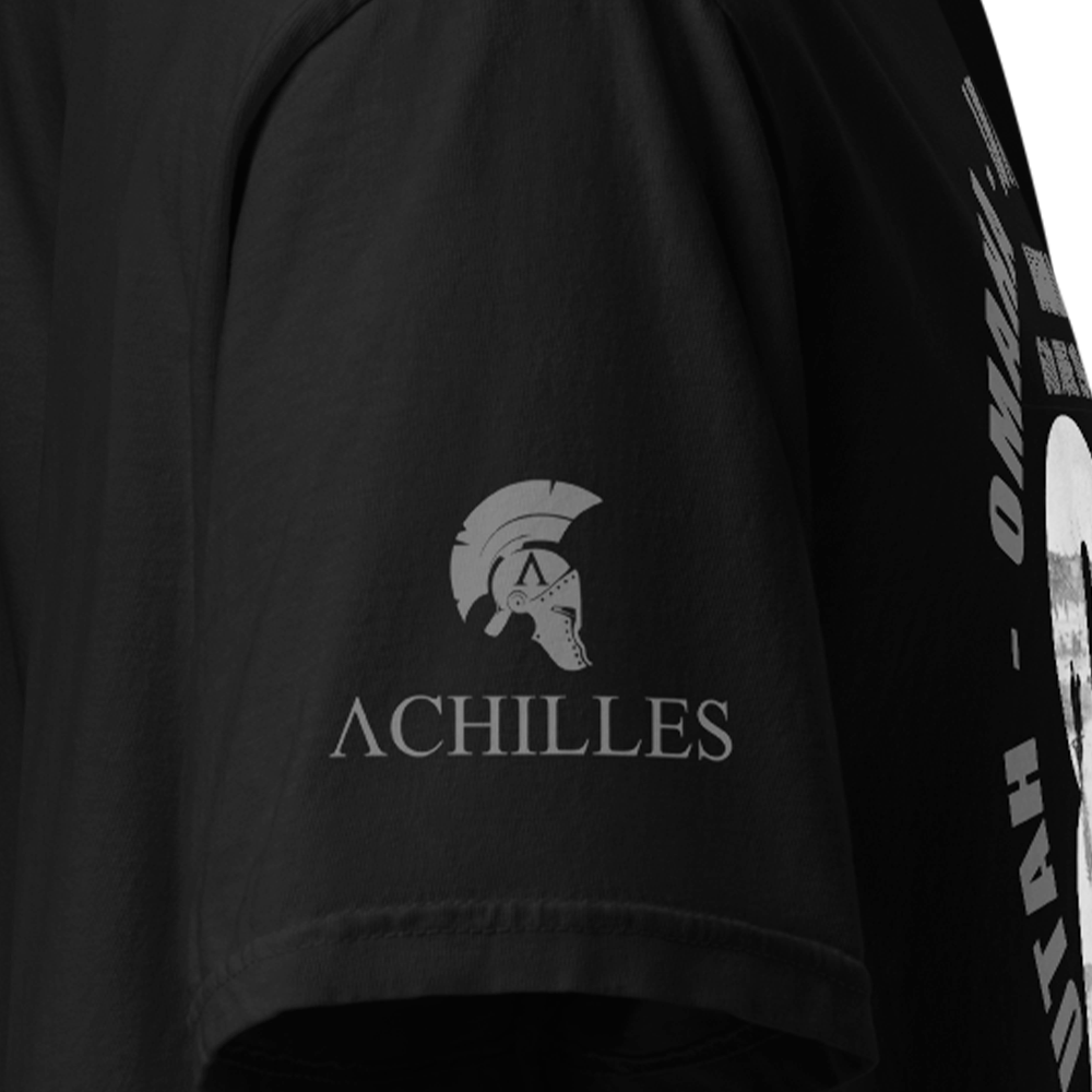 Close Up of Right sleeve of Black short sleeve classic cotton unisex fit T-Shirt by Achilles Tactical Clothing Brand with screen printed D-Day design