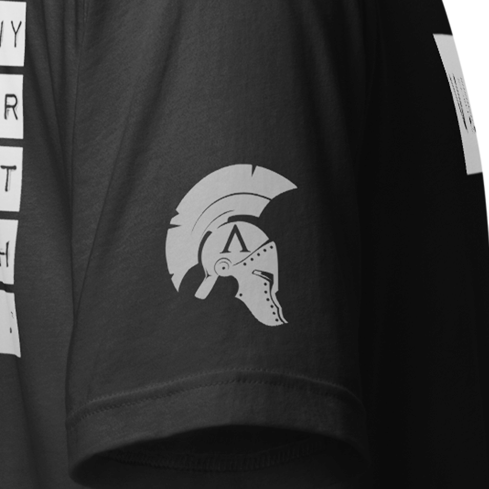 Close up of left sleeve of sand Achilles Tactical Clothing Brand T-Shirt with Wolf Grey Trojan Helmet design