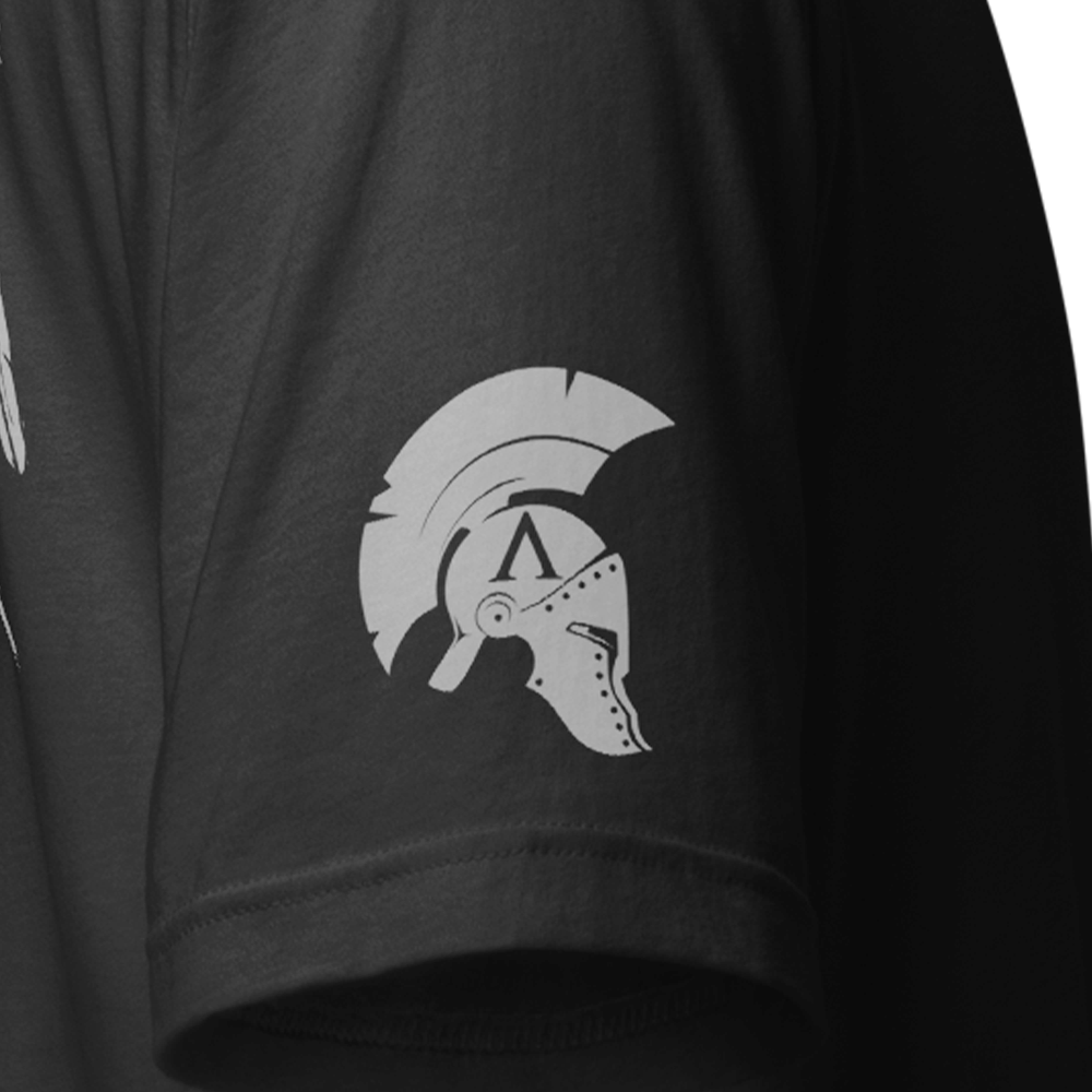 Close up of left sleeve of sand Achilles Tactical Clothing Brand T-Shirt with Wolf Grey Trojan Helmet design on Saint Michael design