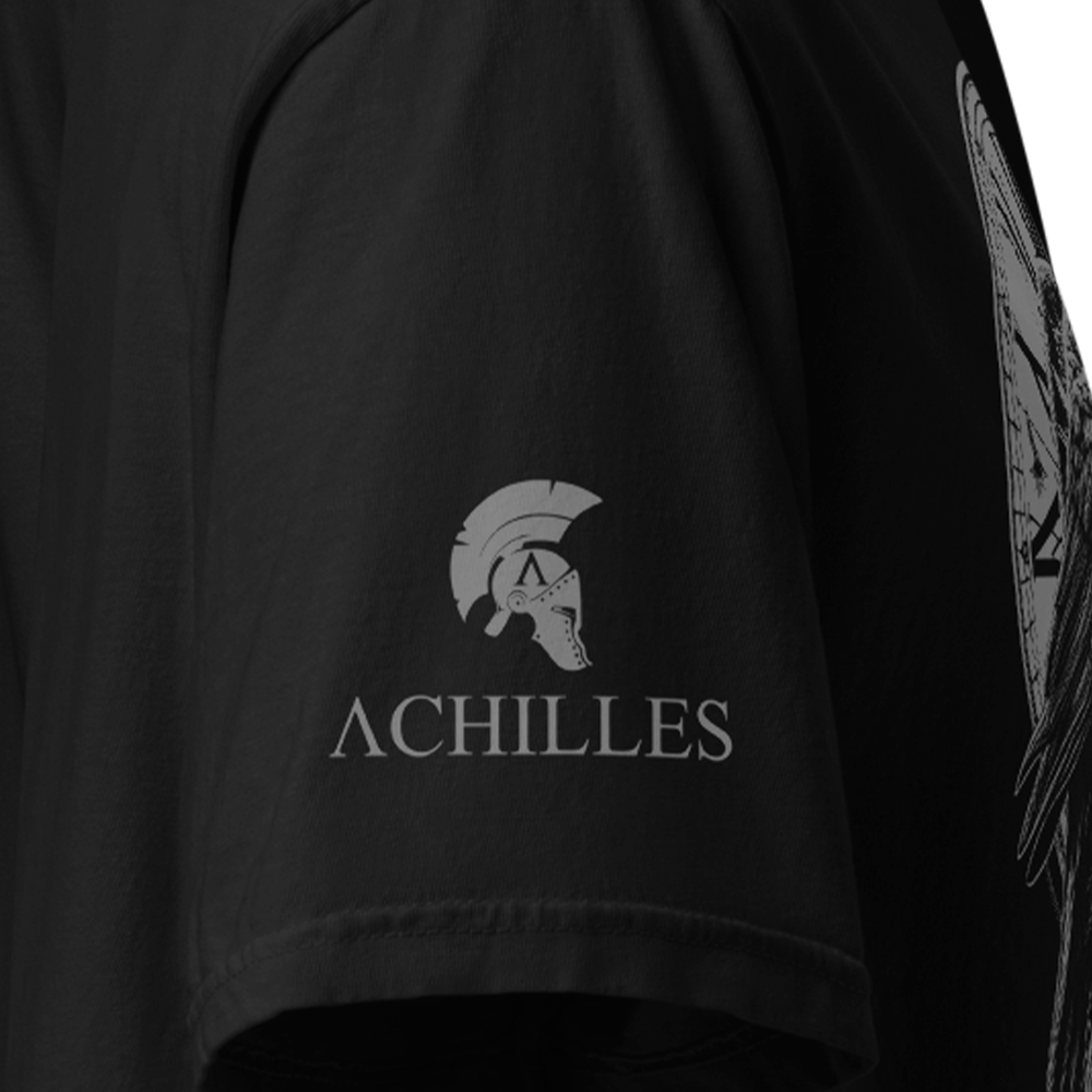 Close Up of Right sleeve of Black short sleeve classic cotton unisex fit T-Shirt by Achilles Tactical Clothing Brand with screen printed Achilles Memento Mori design