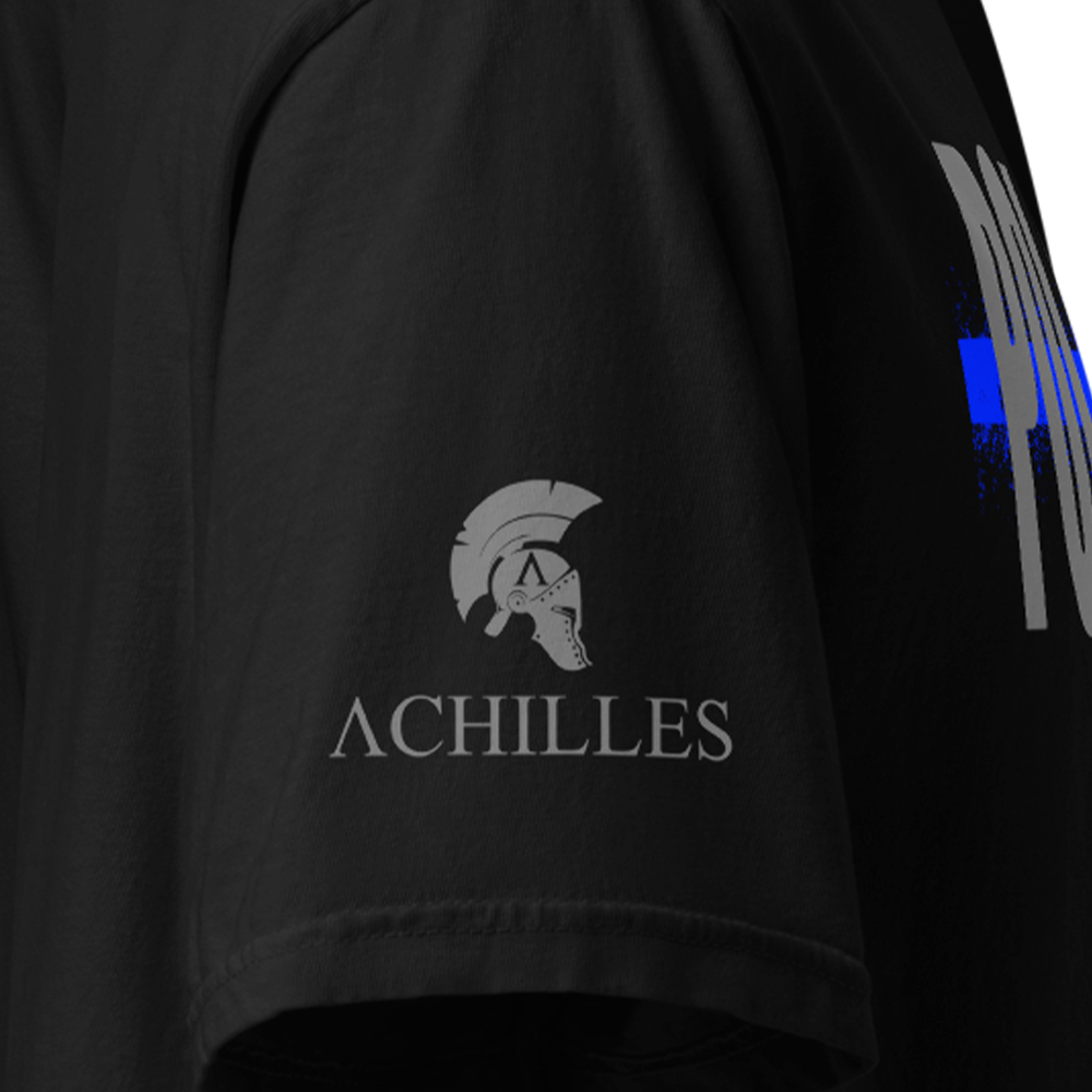 Close Up of Right sleeve of Black short sleeve classic cotton unisex fit T-Shirt by Achilles Tactical Clothing Brand Police Thin Blue Line Design