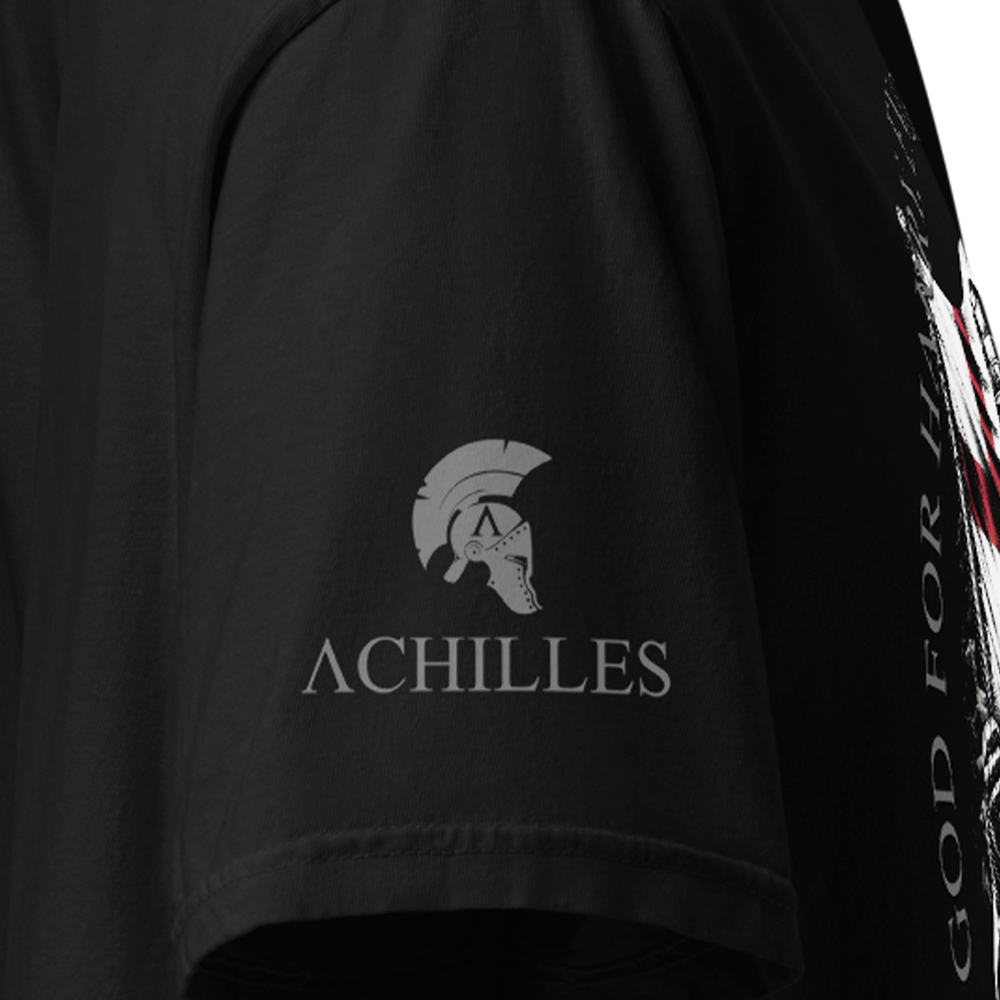 Close Up of Right sleeve of Black short sleeve classic cotton unisex fit T-Shirt by Achilles Tactical Clothing Brand with screen printed Achilles Saint George design