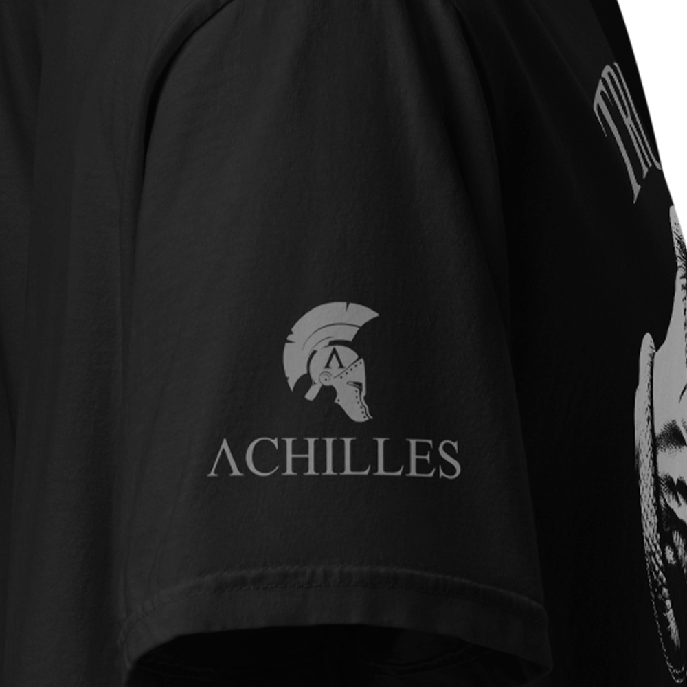 Close Up of Right sleeve of Black short sleeve classic cotton unisex fit T-Shirt by Achilles Tactical Clothing Brand with screen printed Achilles Trust No One design