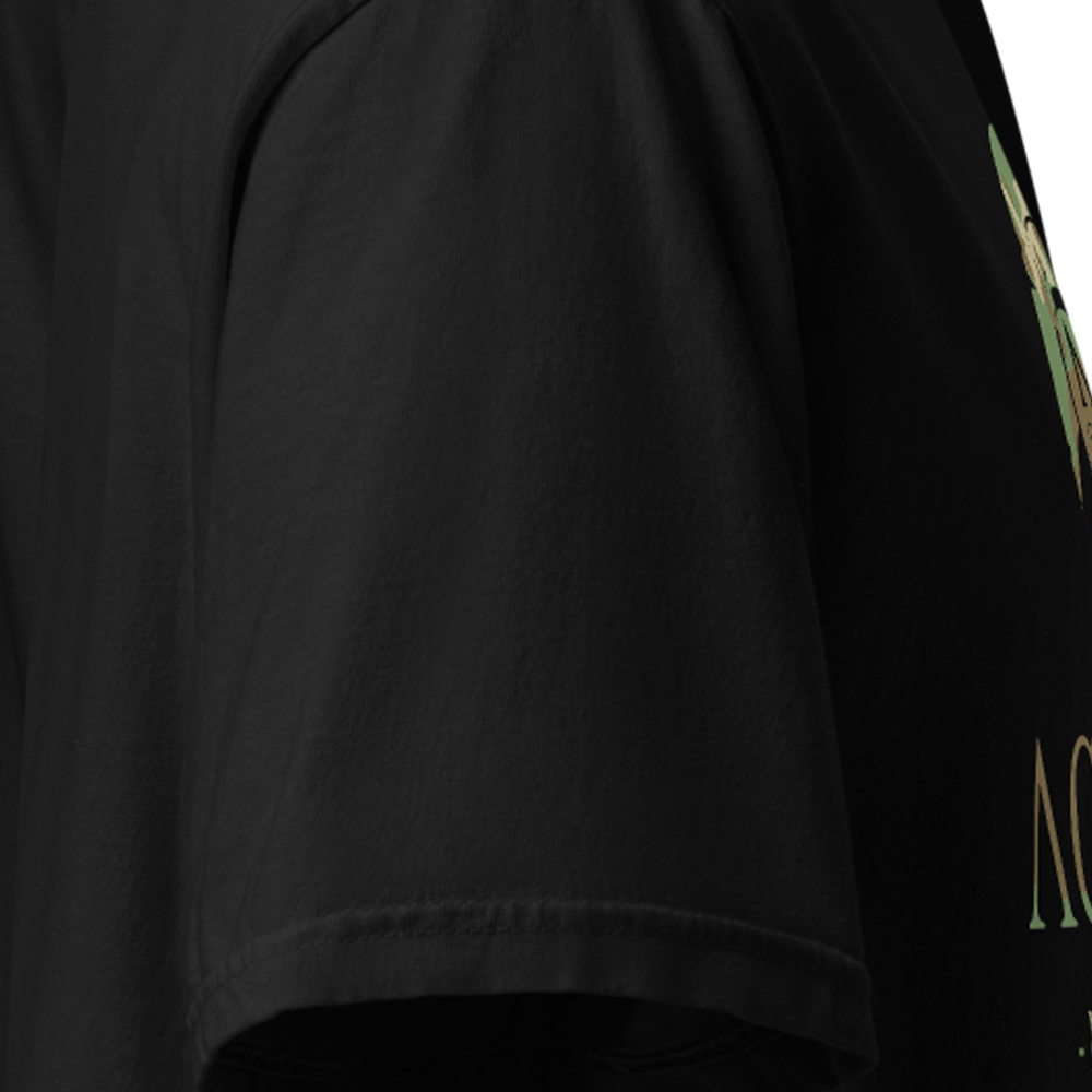 Close Up of Right sleeve of Black short sleeve classic cotton unisex fit T-Shirt by Achilles Tactical Clothing Brand DPM Camo Signature Design