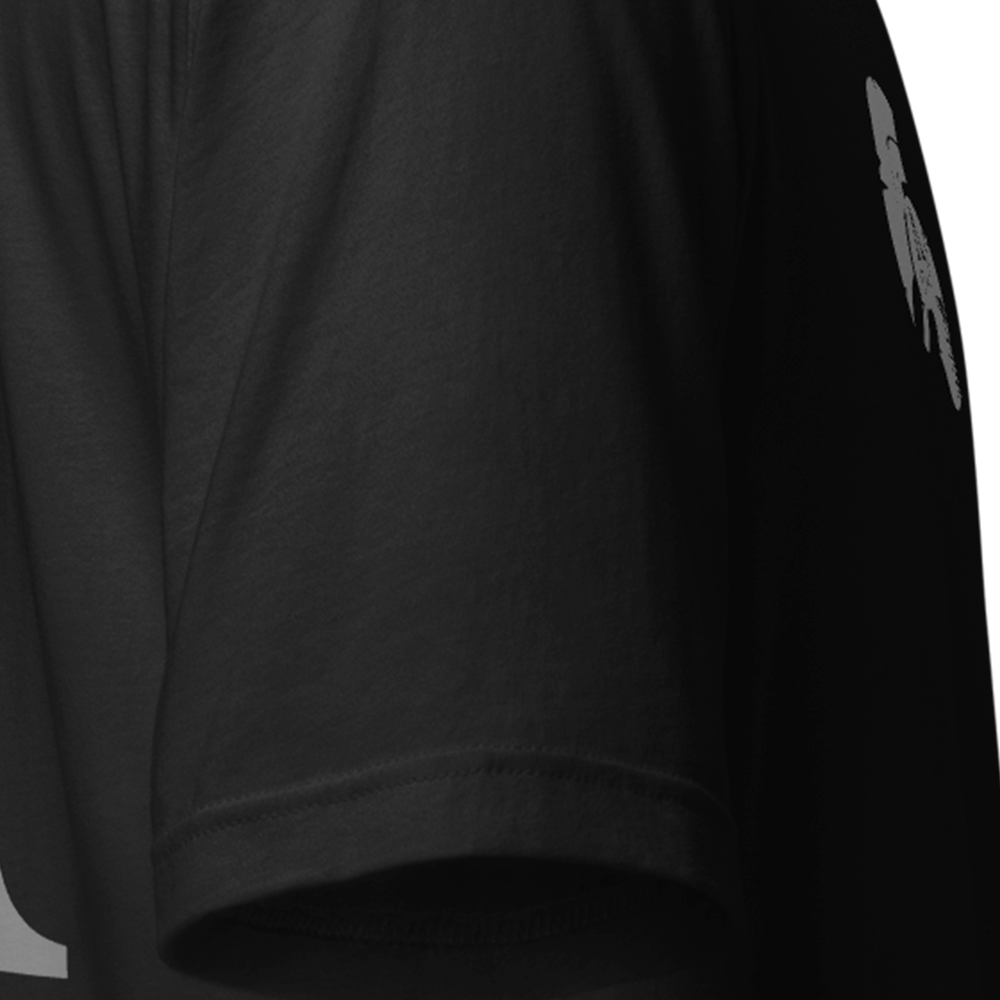 Close up of right sleeve of black Achilles Tactical Clothing Brand original cotton T-Shirt Alpha design