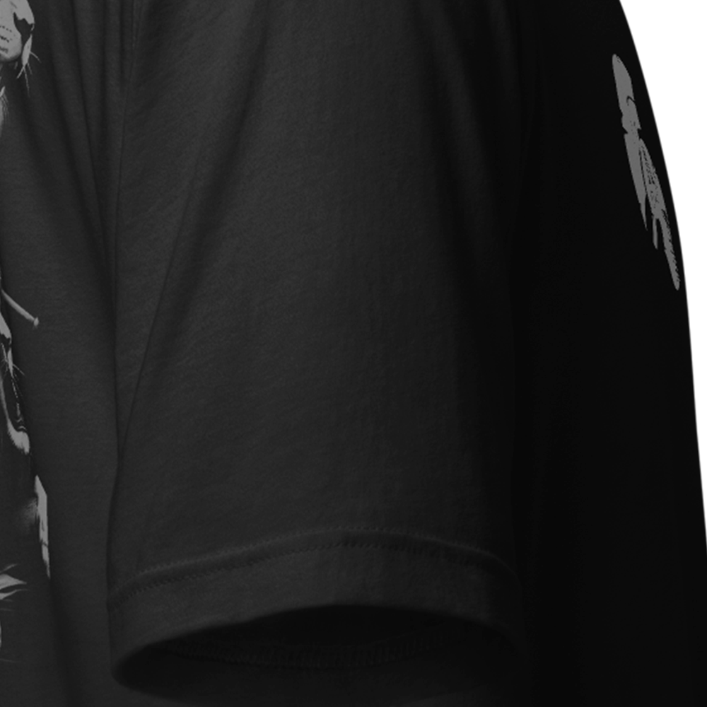 Close up of right sleeve of black Achilles Tactical Clothing Brand original cotton T-Shirt Britannia design