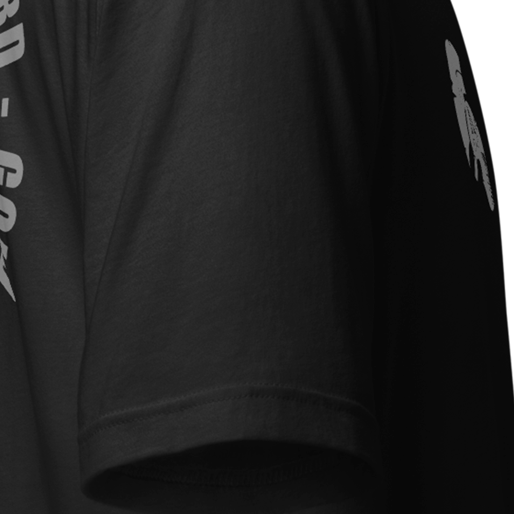 Close up of right sleeve of black Achilles Tactical Clothing Brand original cotton T-Shirt DDAY 80 design