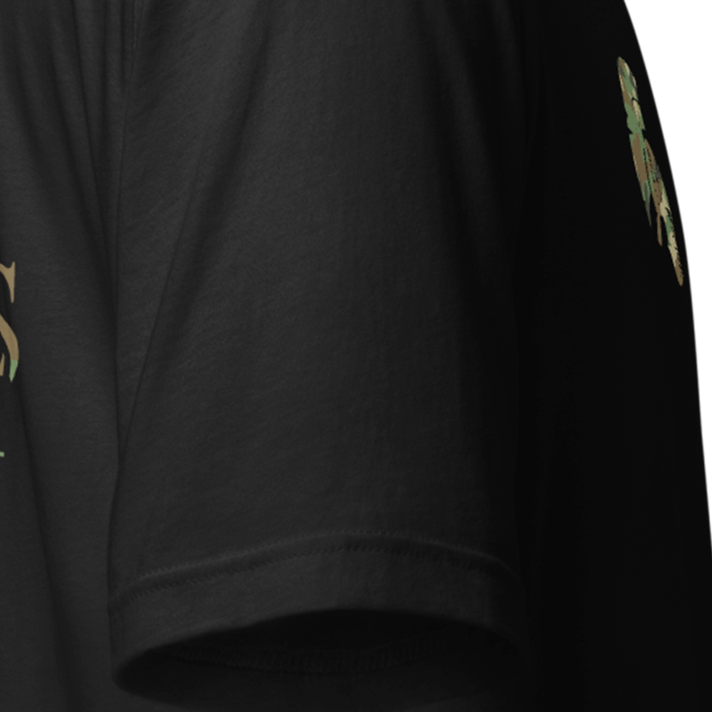 Close up of right sleeve of black Achilles Tactical Clothing Brand original cotton T-Shirt Signature DPM Cam design