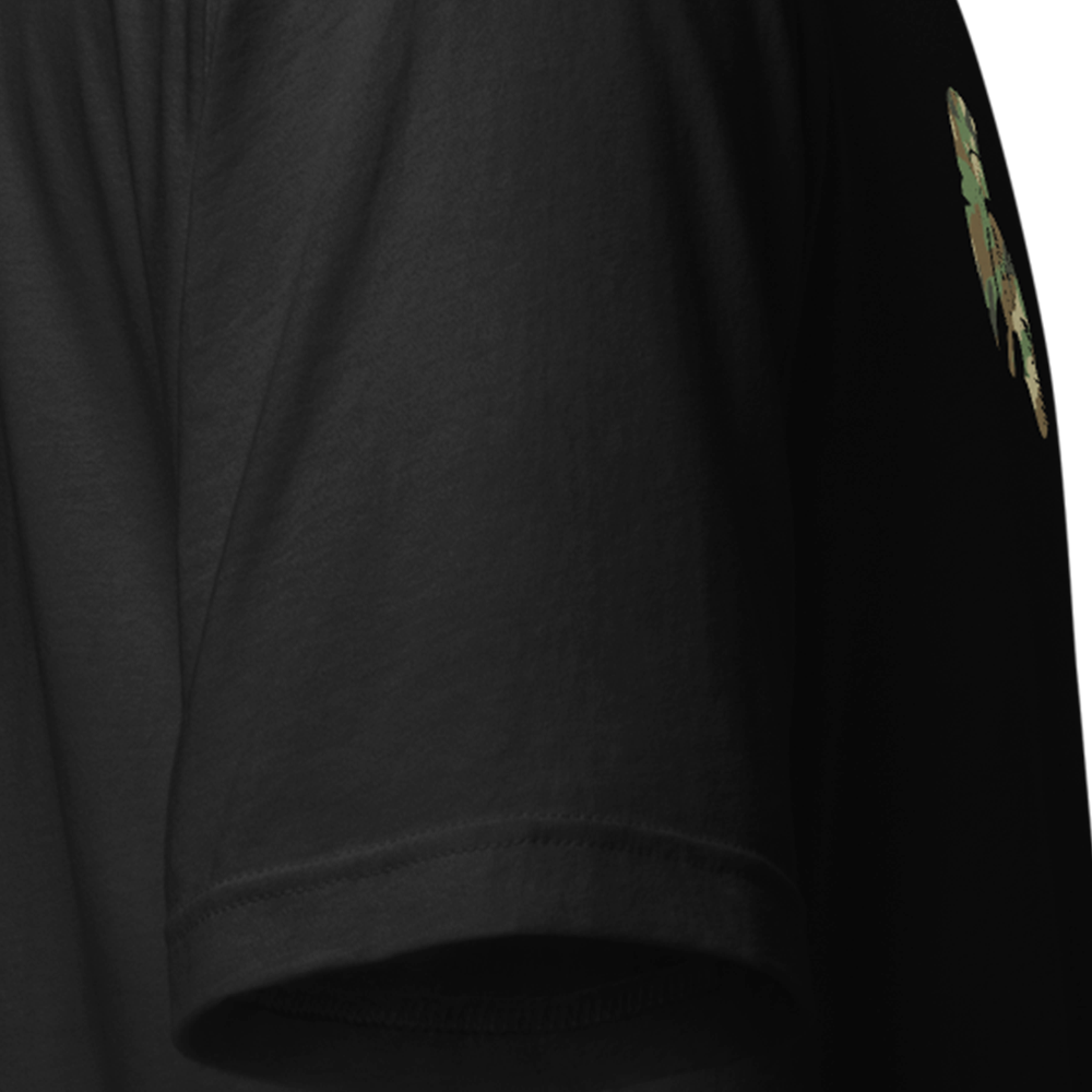 Close up of right sleeve of black Achilles Tactical Clothing Brand original cotton T-Shirt DPM Icon design