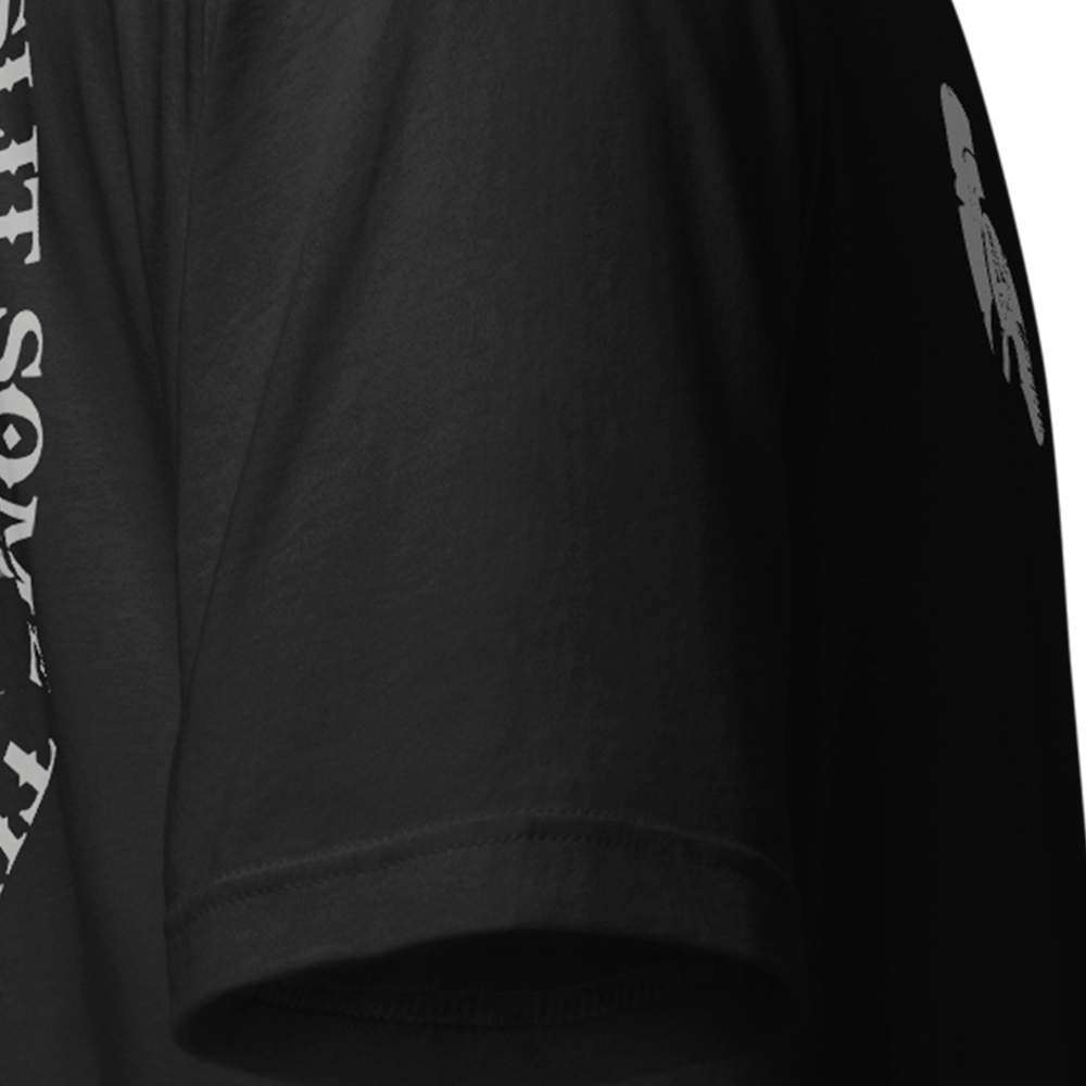 Close up of right sleeve of black Achilles Tactical Clothing Brand original cotton T-Shirt Hoist the black flag design