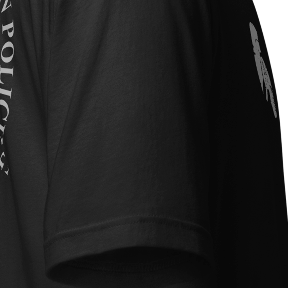 Close up of right sleeve of black Achilles Tactical Clothing Brand original cotton T-Shirt Hunter design