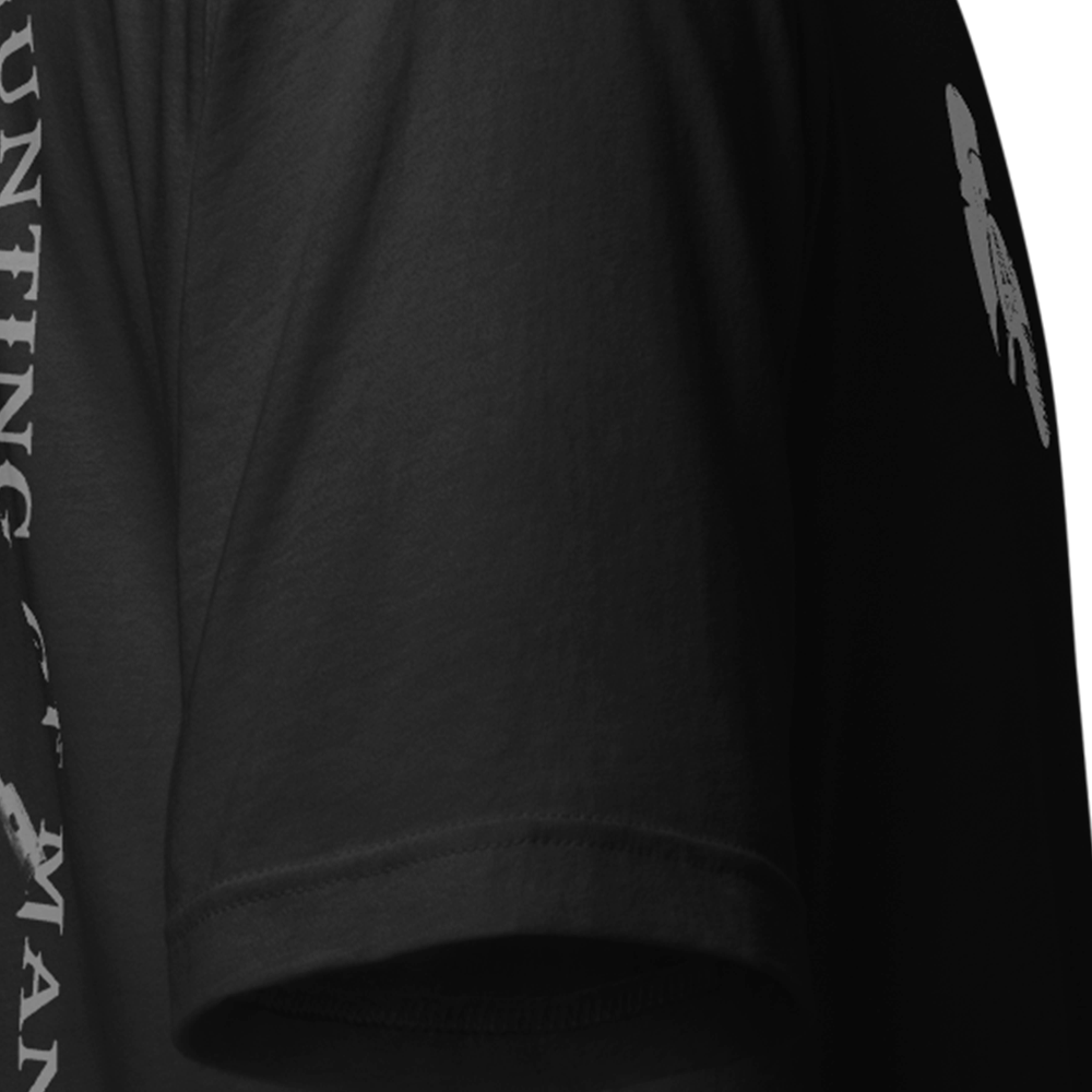 Close up of right sleeve of black Achilles Tactical Clothing Brand original cotton T-Shirt Hunting of man design