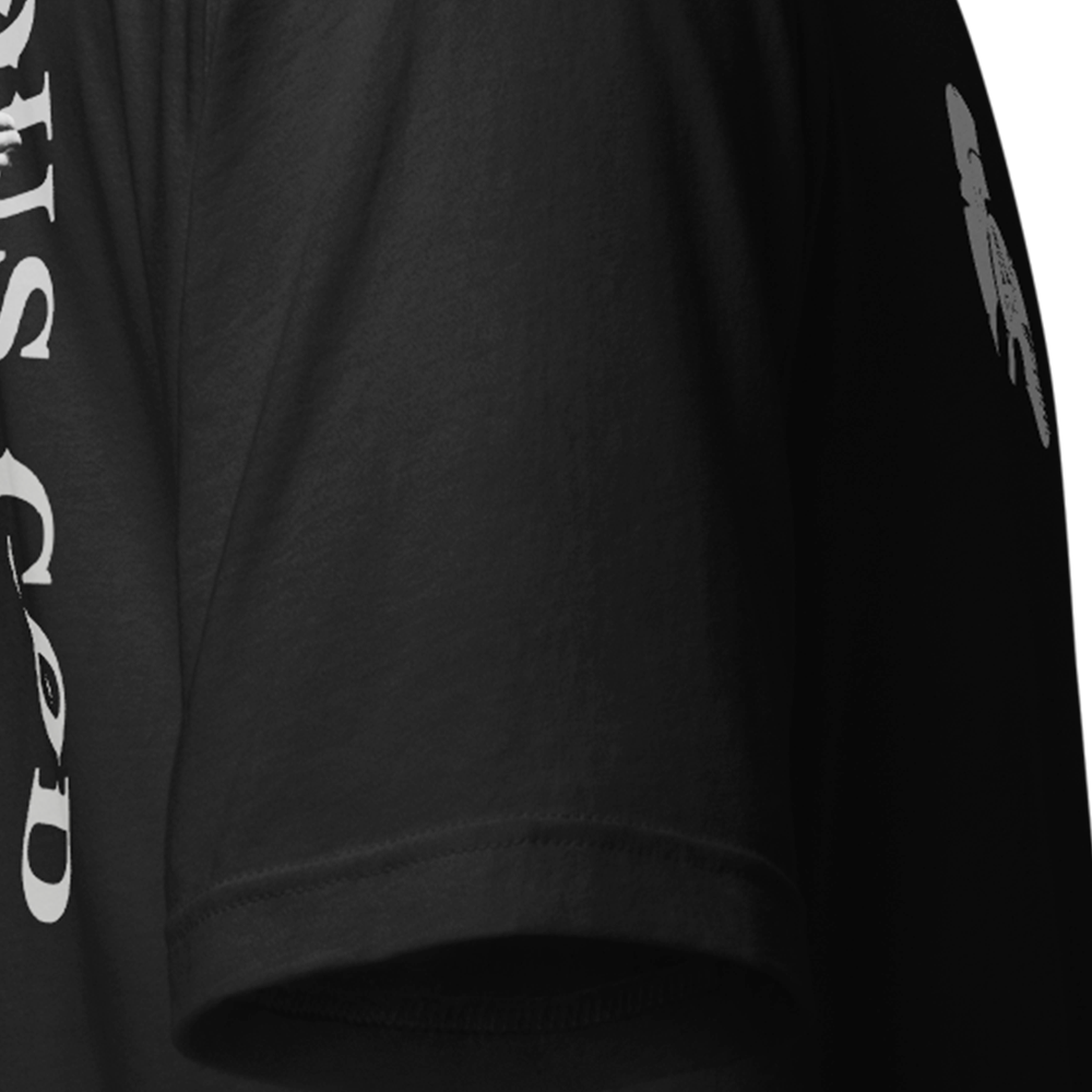 Close up of right sleeve of black Achilles Tactical Clothing Brand original cotton T-Shirt NFI Generous God design