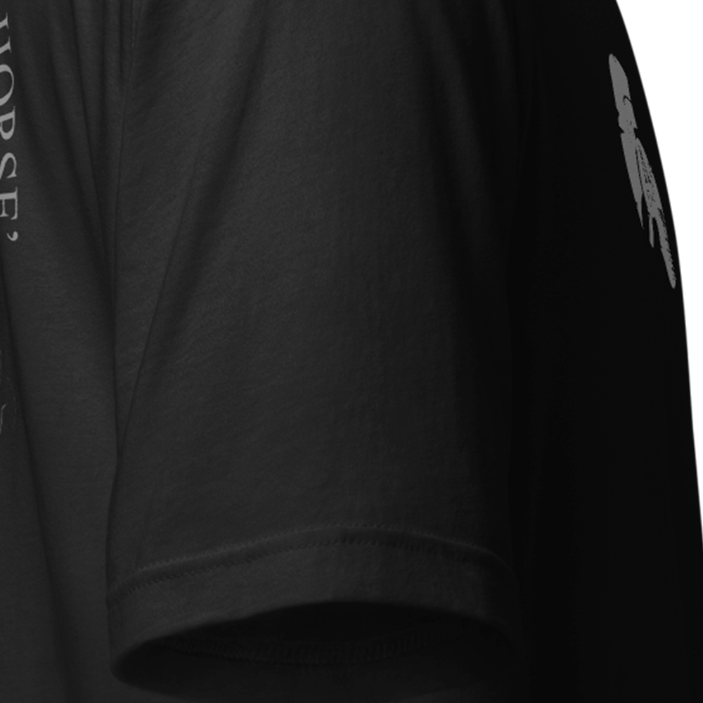 Close up of right sleeve of black Achilles Tactical Clothing Brand original cotton T-Shirt Pegasus design