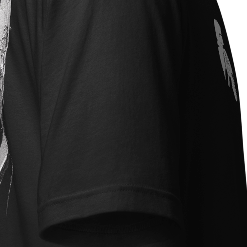 Close up of right sleeve of black Achilles Tactical Clothing Brand original cotton T-Shirt Prometheus design