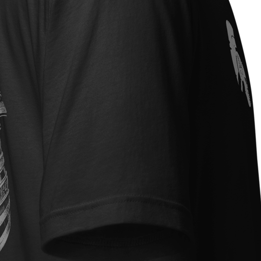 Close up of right sleeve of black Achilles Tactical Clothing Brand original cotton T-Shirt Ronin design