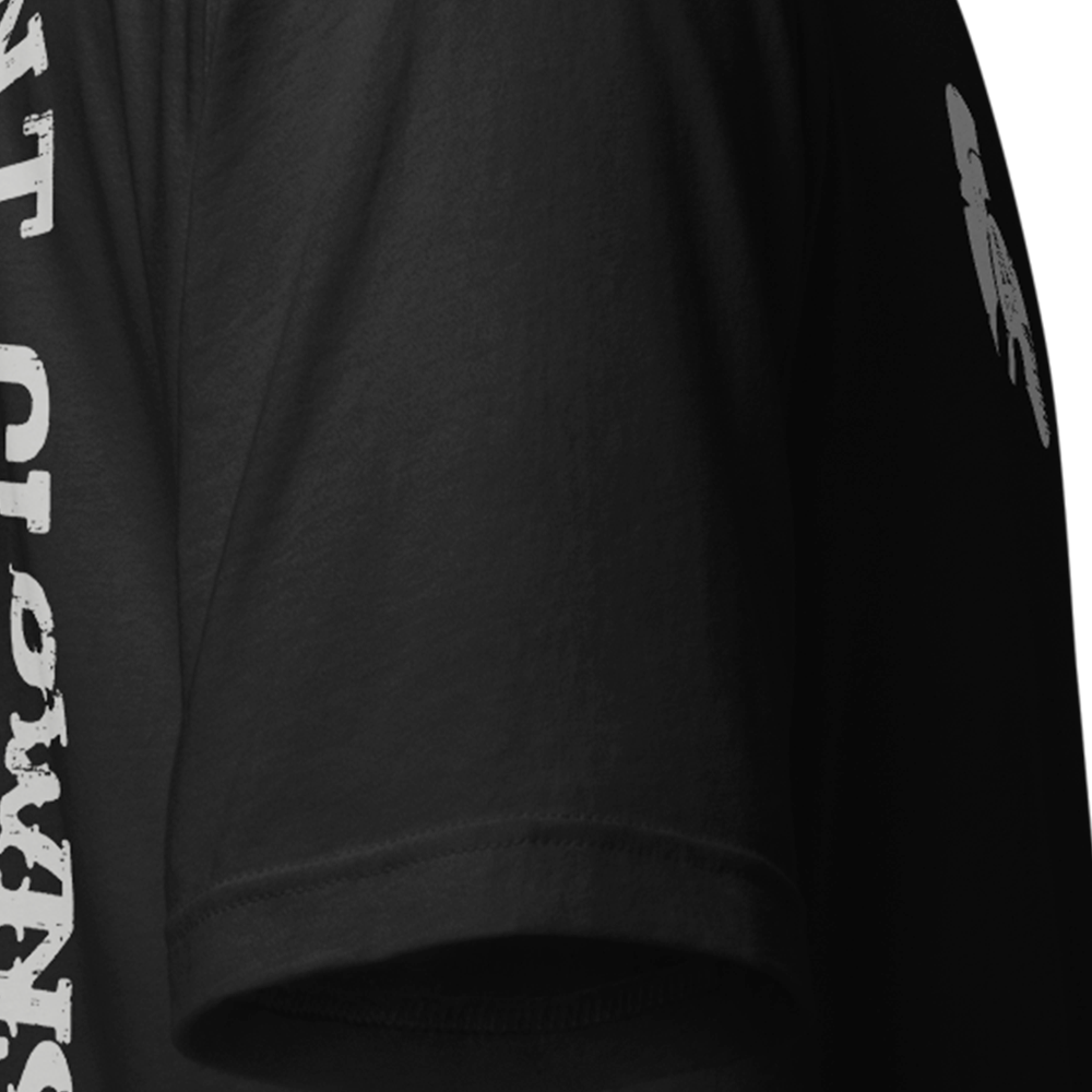 Close up of right sleeve of black Achilles Tactical Clothing Brand original cotton T-Shirt Clowns design