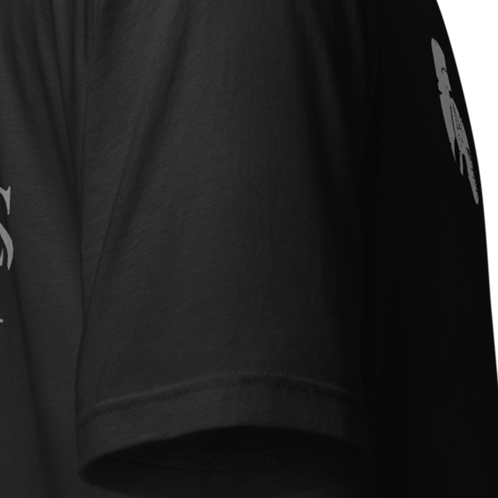 Close up of right sleeve of black Achilles Tactical Clothing Brand original cotton T-Shirt Signature design