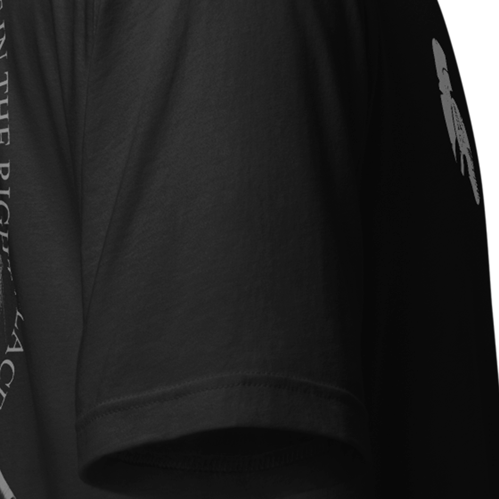 Close up of right sleeve of black Achilles Tactical Clothing Brand original cotton T-Shirt Sniper quote design