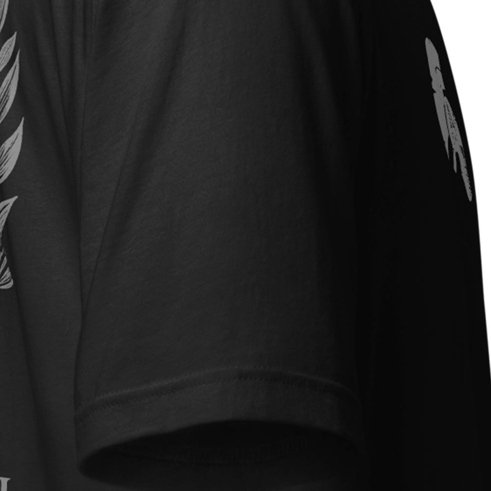 Close up of right sleeve of black Achilles Tactical Clothing Brand original cotton T-Shirt Veni Vidi Vici design