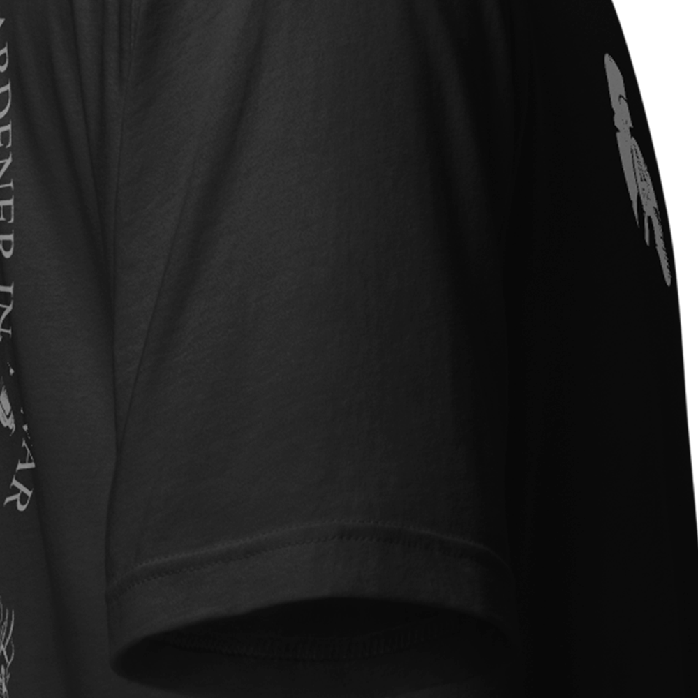 Close up of right sleeve of black Achilles Tactical Clothing Brand original cotton T-Shirt Warrior in a garden design
