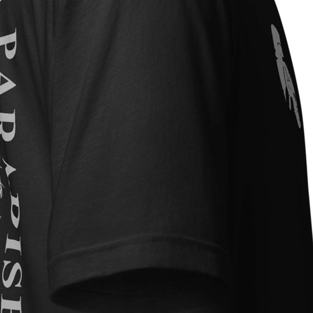 Close up of right sleeve of Black short sleeve unisex fit original cotton T-Shirt by Achilles Tactical Clothing Brand printed with Large Another day in Paradise design across back