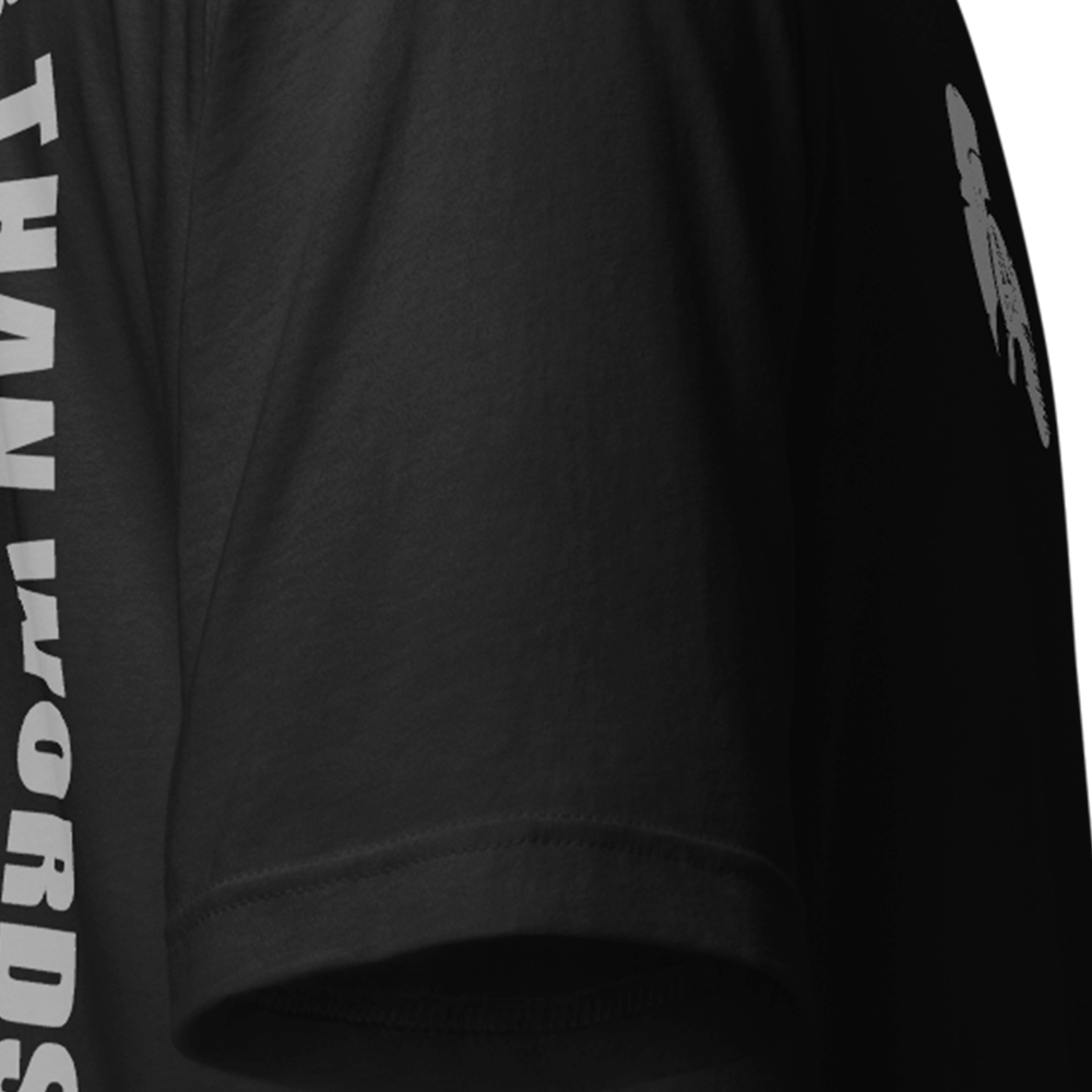 Close up of right sleeve of Black short sleeve unisex fit original cotton T-Shirt by Achilles Tactical Clothing Brand printed with Large Bolt Actions design across back