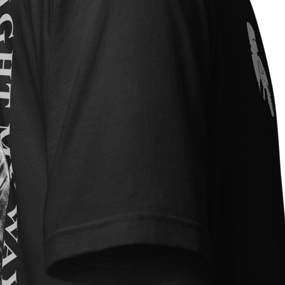 Close up of right sleeve of Black short sleeve unisex fit original cotton T-Shirt by Achilles Tactical Clothing Brand printed with burn the bridges design across back