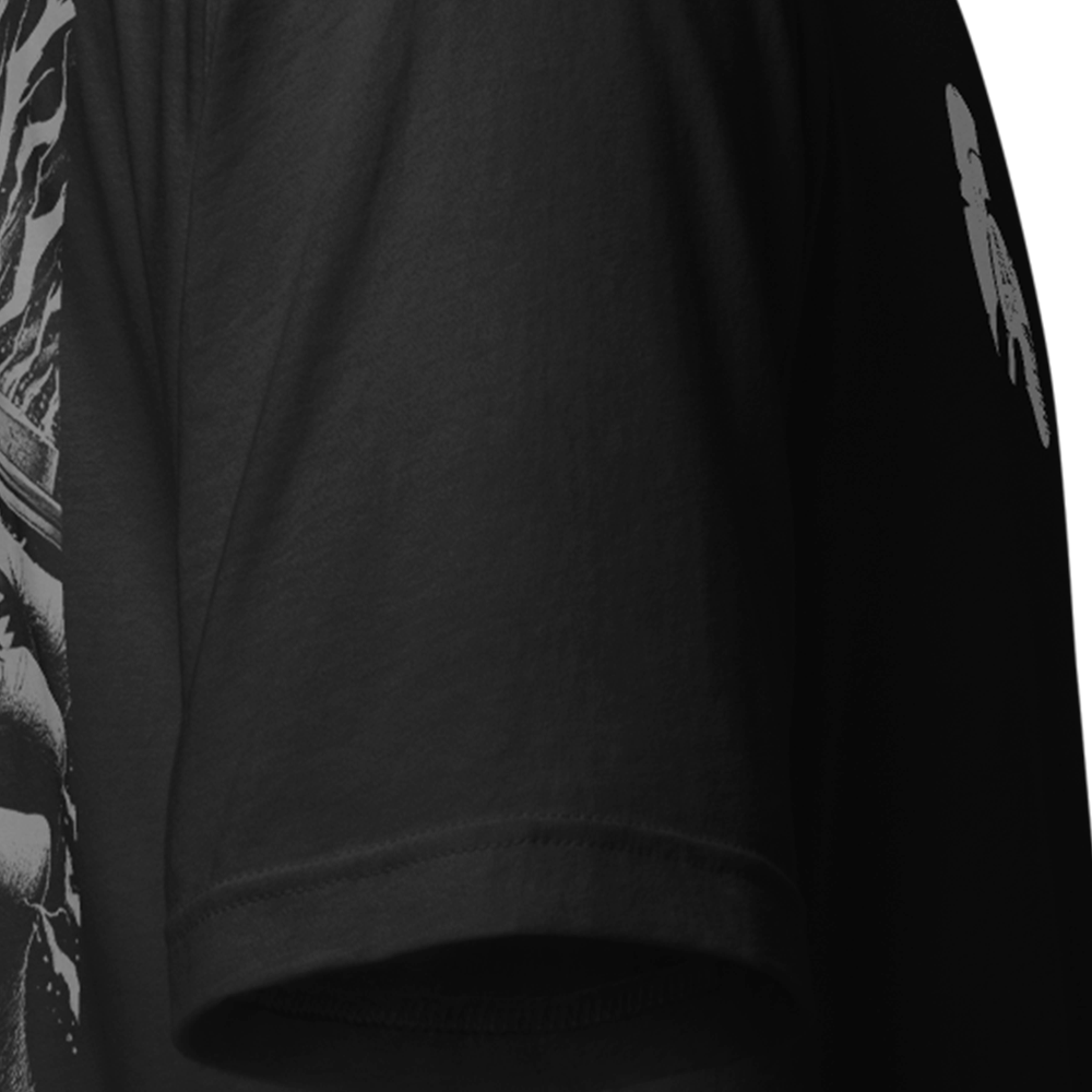 Close up of right sleeve of black Achilles Tactical Clothing Brand original cotton T-Shirt Caffeine and Rage design