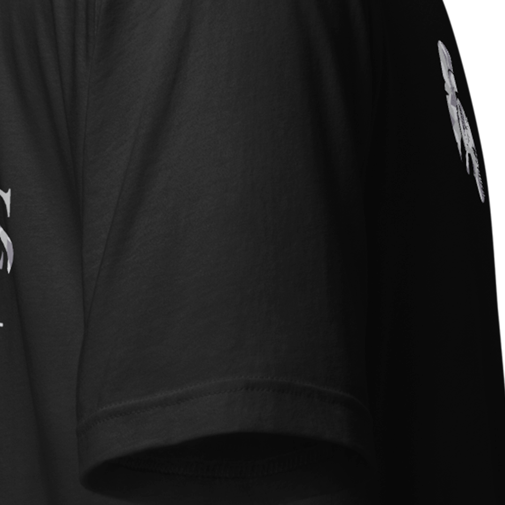 Close up of right sleeve of black Achilles Tactical Clothing Brand original cotton T-Shirt Signature Geo grey Cam design