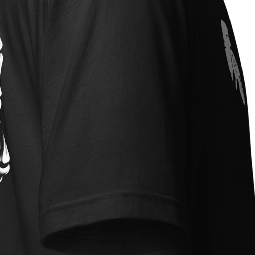 Close up of right sleeve of black Achilles Tactical Clothing Brand original cotton T-Shirt have a nice day design
