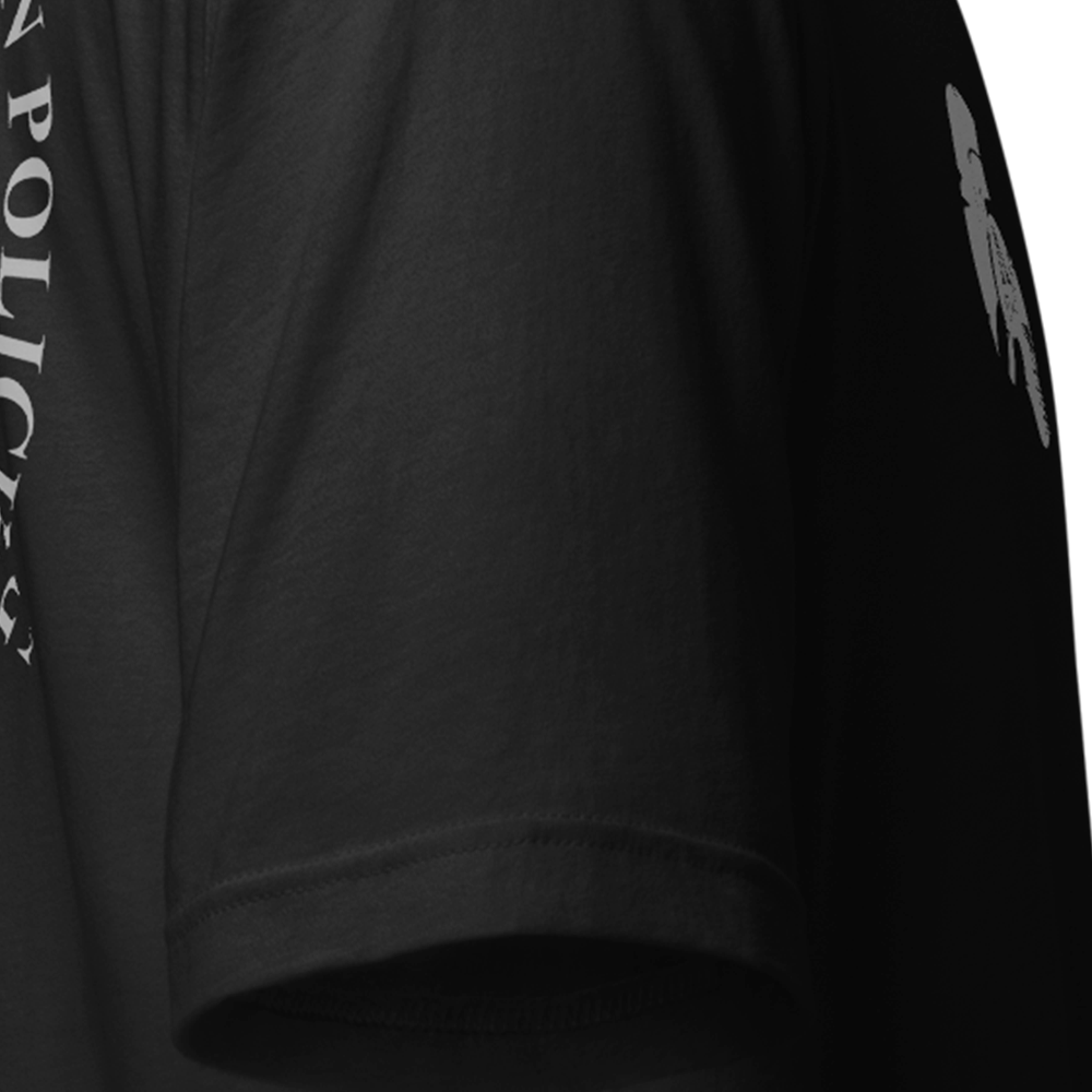 Close up of right sleeve of Black short sleeve unisex fit original cotton T-Shirt by Achilles Tactical Clothing Brand printed with Large Hunter police design across back