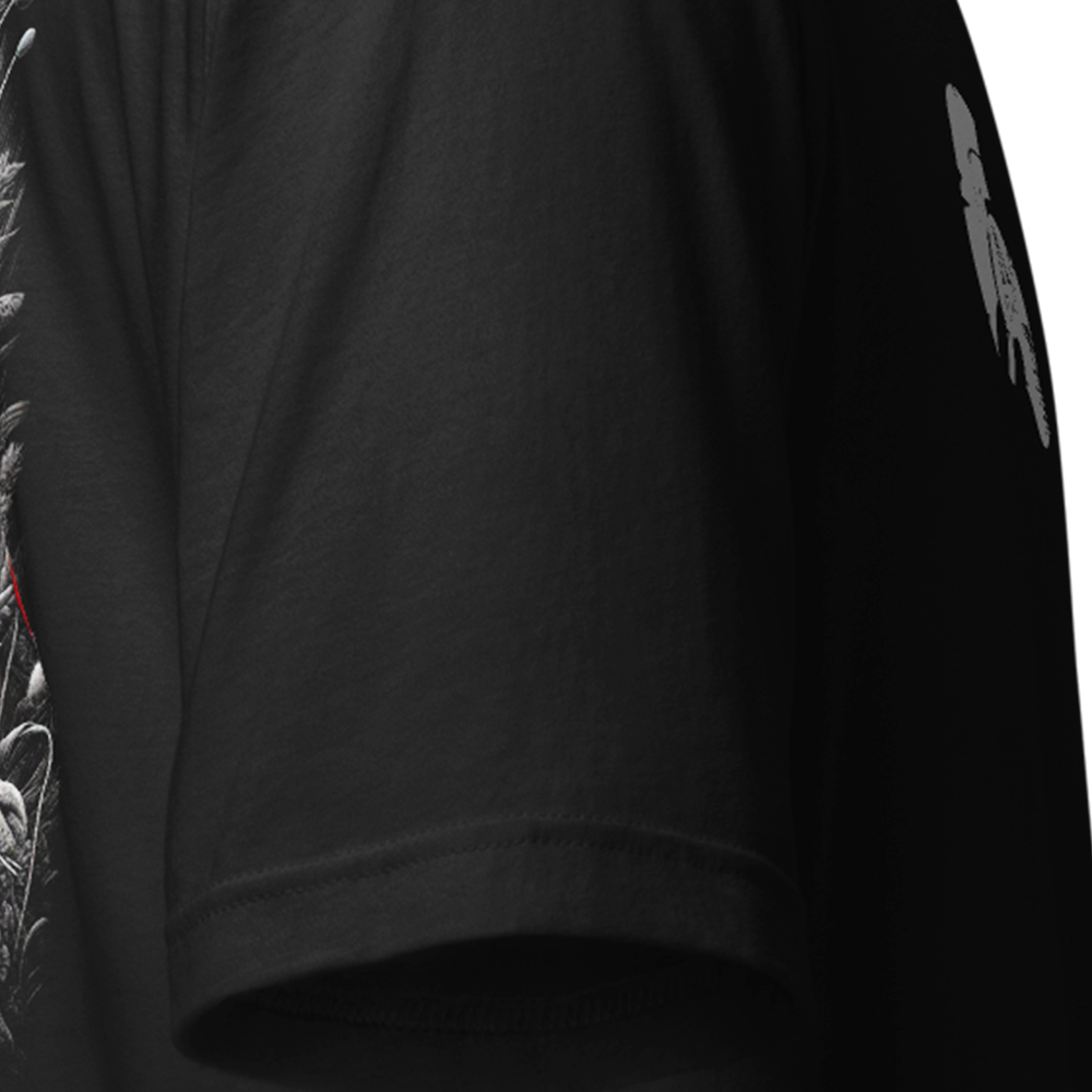 Close up of right sleeve of black Achilles Tactical Clothing Brand original cotton T-Shirt Lest we forget design