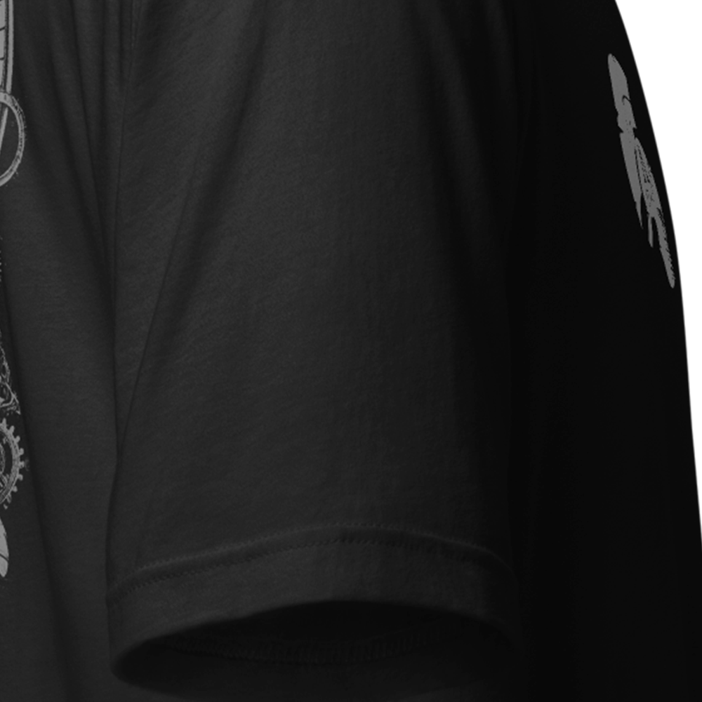 Close up of right sleeve of black Achilles Tactical Clothing Brand original cotton T-Shirt Memento Mori design