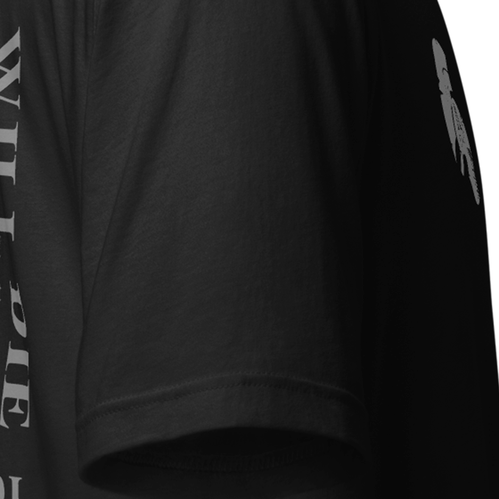 Close up of right sleeve of black Achilles Tactical Clothing Brand original cotton T-Shirt Memento Mori design