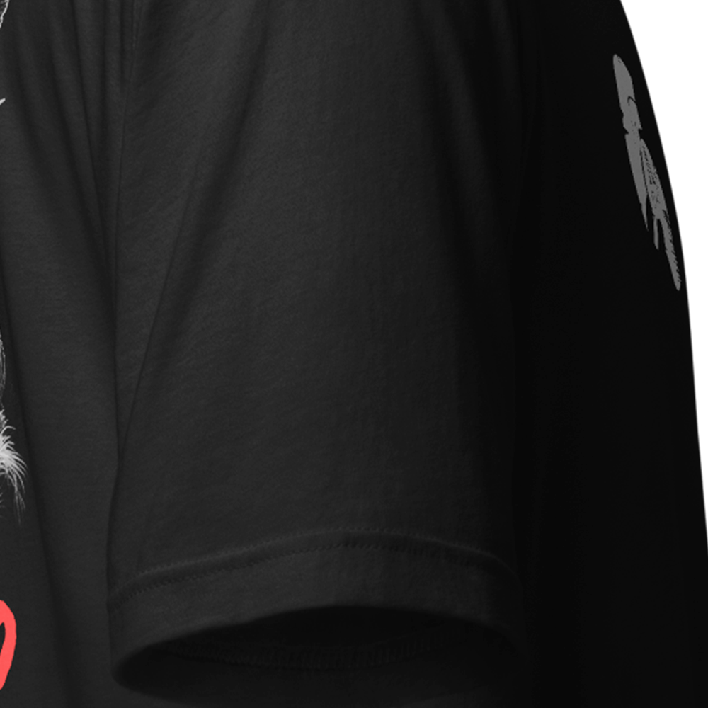 Close up of right sleeve of Black short sleeve unisex fit original cotton T-Shirt by Achilles Tactical Clothing Brand printed with Large Merry Krampus design across back