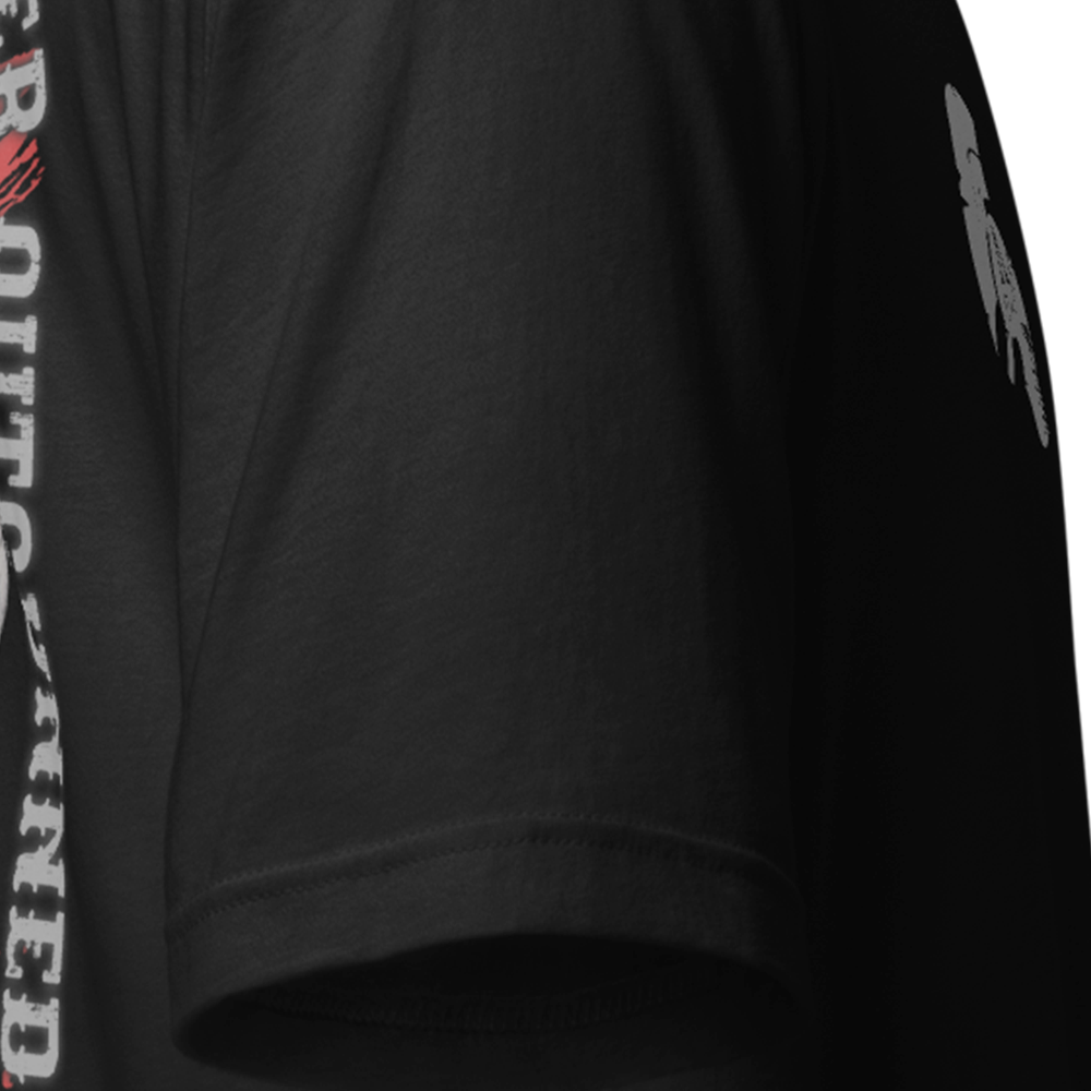 Close up of right sleeve of Black short sleeve unisex fit original cotton T-Shirt by Achilles Tactical Clothing Brand printed with Large Never Outgunned design across back