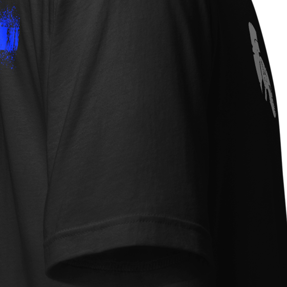 Close up of right sleeve of black Achilles Tactical Clothing Brand original cotton T-Shirt Police Thin Blue Line design